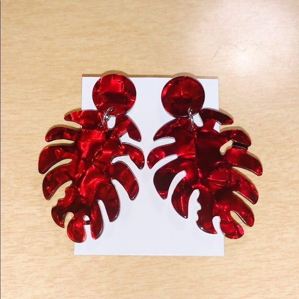 Red metallic palm leaf acrylic dangle earrings